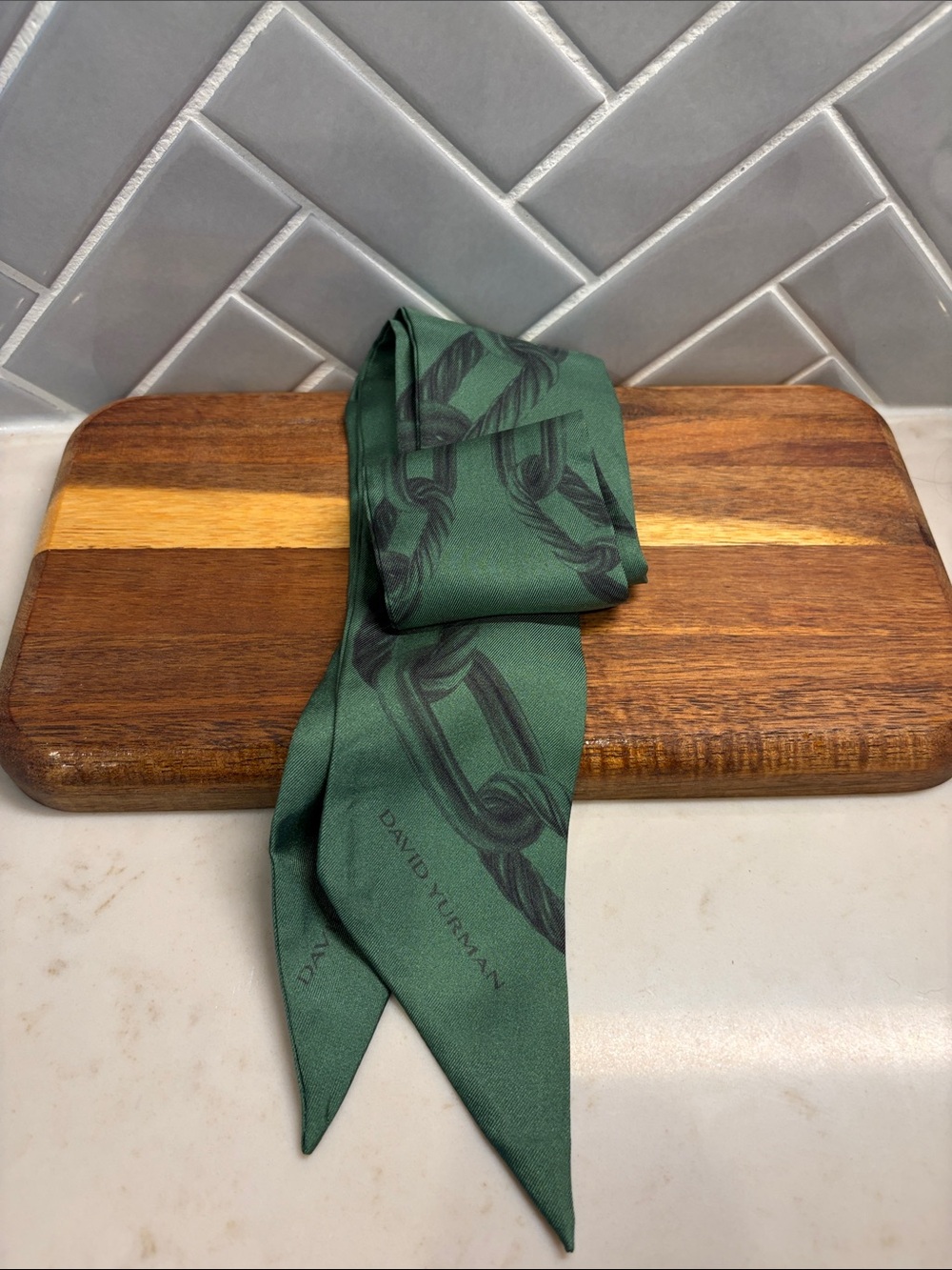David Yurman Green Silk Chain-Print Purse Accessory Scarf